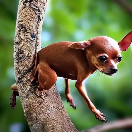 Image similar to “ a brown chihuahua dog that looks like a scorpion, in a tree, photo, realistic ”