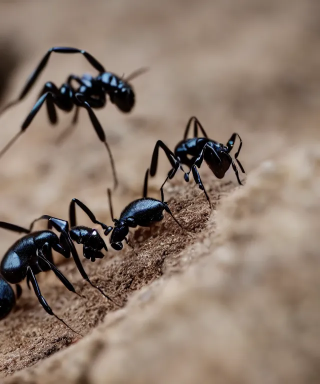 Image similar to high quality presentation photo of cute anthropomorphic black ants eating alien bugs, photography 4k f1.8 anamorphic bokeh 4k Canon Nikon