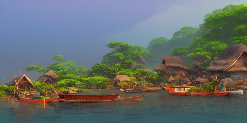 Image similar to pulau indah village, boat in foreground, early morning, detailed matte painting, low angle view, telephoto lens, bokeh, studio ghibli, artstation