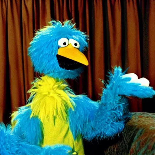 Image similar to big bird from sesame street under your bed, disturbing, creepy, dark, scary.