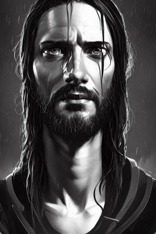 Image similar to a full length portrait of cyberpunk jesus, grim - lighting, high - contrast, intricate, elegant, highly detailed, digital painting, artstation, concept art, smooth, sharp focus, illustration