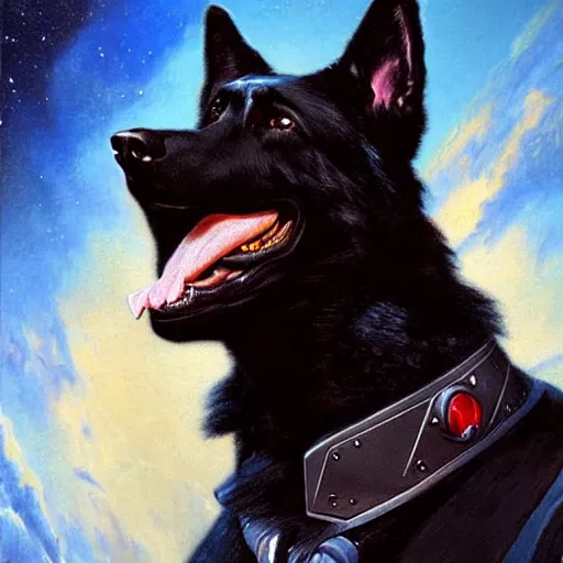 Image similar to a portrait of a black german shepard dogman canine star trek captain red shirt. highly detailed painting by gaston bussiere, craig mullins, j. c. leyendecker, furry