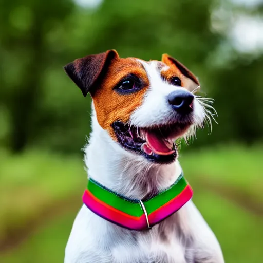 Prompt: portrait of a jack russell terrier dog wearing a rasta collar, with nature in the background, professional portrait, 4 k