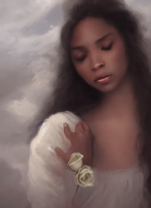 Prompt: oil painting close up portrait of a contemplative young black woman with long dark flowing hair in a white dress, covered in white roses!! at sunset, hazy, digital art, chiaroscuro, artstation, cinematic, golden hour, digital art painting by greg rutkowski, william - adolphe bouguereau, hazy atmosphere, cinematic lighting