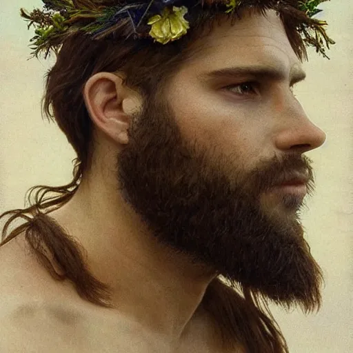 Image similar to portrait of the god of the meadow, 30 years old, upper body!!!!! meadow, flower crown, rugged, male, long hair, gorgeous, detailed face, amazing, hairy torso, muscular, intricate, highly detailed, digital painting, artstation, concept art, sharp focus, illustration, art by greg rutkowski and alphonse mucha