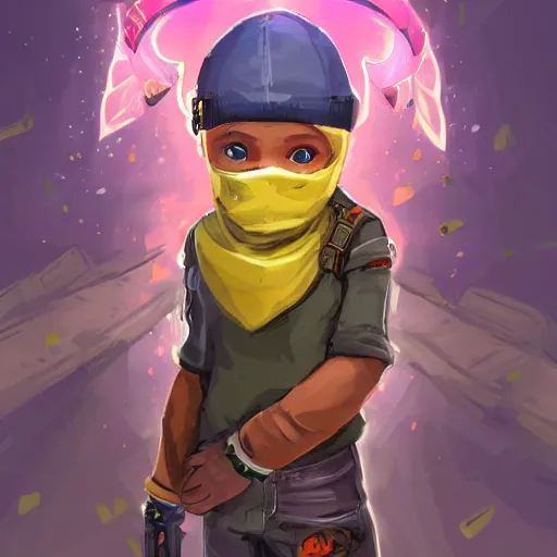 Image similar to baby Angel, baby cherub,wearing angel halo, ski mask, balaclava, face covered, wearing angel halo covered face, orange hoodie, hip hop, multiple golden necklaces, fantasy art apex fortnite Video game icon, 2d game art gta5 cover , official fanart behance hd artstation by Jesper Ejsing, by RHADS, Makoto Shinkai and Lois van baarle, ilya kuvshinov, rossdraws