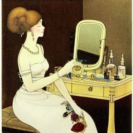 Image similar to a young woman seated at a dressing table, looking at herself in a mirror. She is wearing a white dress and a pearl necklace. Her hair is styled in a loose updo. On the table in front of her are several perfume bottles and a box of powder. dieselpunk by John Bauer