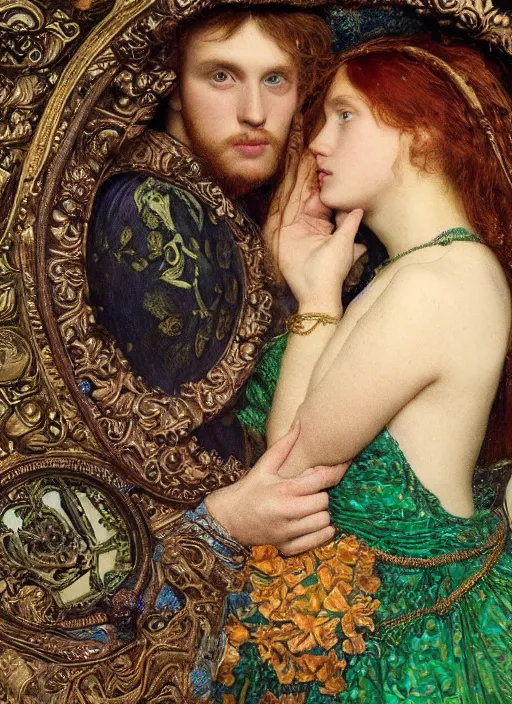 Image similar to detailed colourful masterpiece of intricate preraphaelite art novueau photography couple portrait sat down extreme closeup, love, inside an underwater train, detailed realistic expressions, wearing unusual clothes, by ford madox brown, ultra wide angle