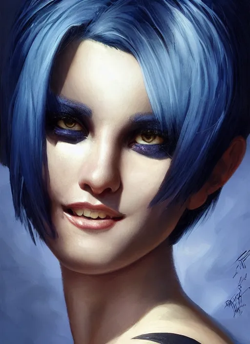 Image similar to girl with black and blue hair, pixie haircut, beautiful highly detailed face, complementary lighting, backlit, black eyeshadow, grinning, adventure, alluring gaze, dramatic lighting, landscape background, beautiful painting by artgerm and greg rutkowski and raymond swanland