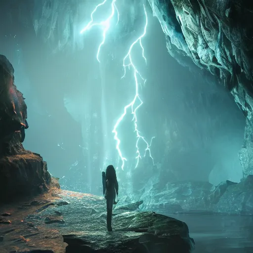 Image similar to cave, Avatar, bioluminescent, Artstation HQ, photorealistic, hiperrealistic, sharp focus, 4k UHD, Unreal Engine 5, cinematic shot, cinematic lightning, dark tones, high contrast, intricate, masterpiece, sharp focus