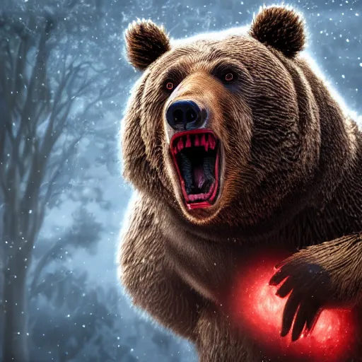 Image similar to realistic bear with red eyes, giant teeth, nature magic, fantasy book, d & d, high detail, 8 k, octane render painting, dark fantasy