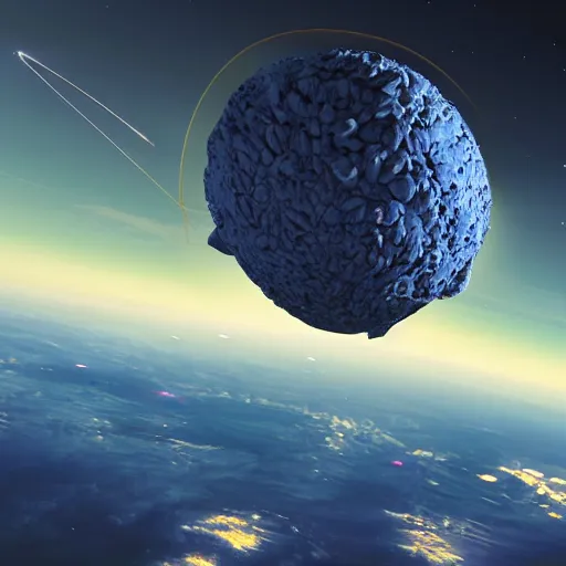 Prompt: high above earth's atmosphere a impossibly large alien mothership craft (reminiscent of a golf-ball) with antennae and many little docking ports, charges up it's neon electric blue weapon that will recycle earth on Tuesday, people on the ground eat donuts in quaint cafes, 8K, 4K, Octane, UE5, photorealistic, cinematic