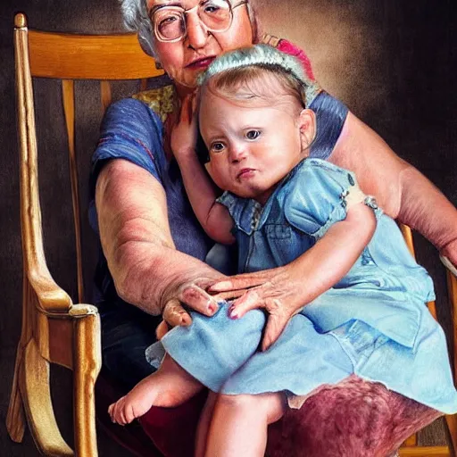 Image similar to hyper-realistic realistic realistic portrait where a very old grandmother appears sitting in a rocking chair. a 3-year-old baby girl appears sitting on the grandmother's leg