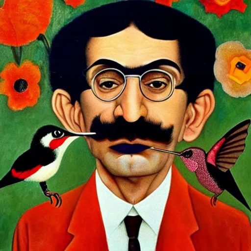 Image similar to painting Self-Portrait of groucho marx with Thorn Necklace and Hummingbird by Frida Kahlo