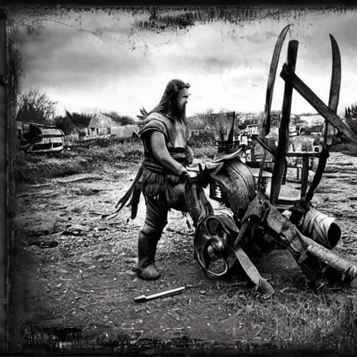 Image similar to wise angle photo of viking in armor working on the mechanical ancient device, tools and junk on the ground,wires and lights, old village in the distance, vintage old photo, black and white, sepia