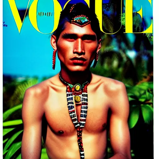 Image similar to a beautiful professional photograph by hamir sardar, herb ritts and ellen von unwerh for the cover of vogue magazine of an unusually handsome native male yanomami female fashion model looking at the camera in a flirtatious way, leica 5 0 mm f 1. 8 lens