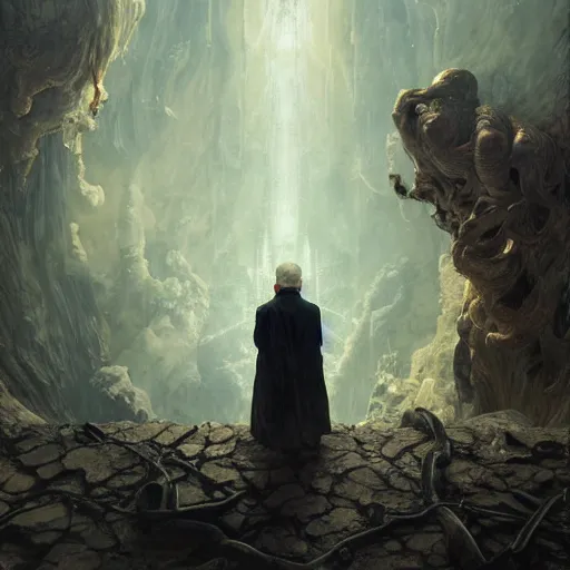 Prompt: distant shot from above painting of an old man in sorrow, staring at the underworld, ultra realistic, concept art, intricate details, eerie, highly detailed, flames, photorealistic, octane render, 8 k, unreal engine. art by artgerm and greg rutkowski and alphonse mucha