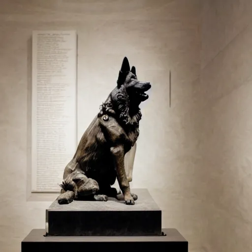 Image similar to statue of a short hair german shepherd dog, white marble, in a museum, by Gian Lorenzo Bernini