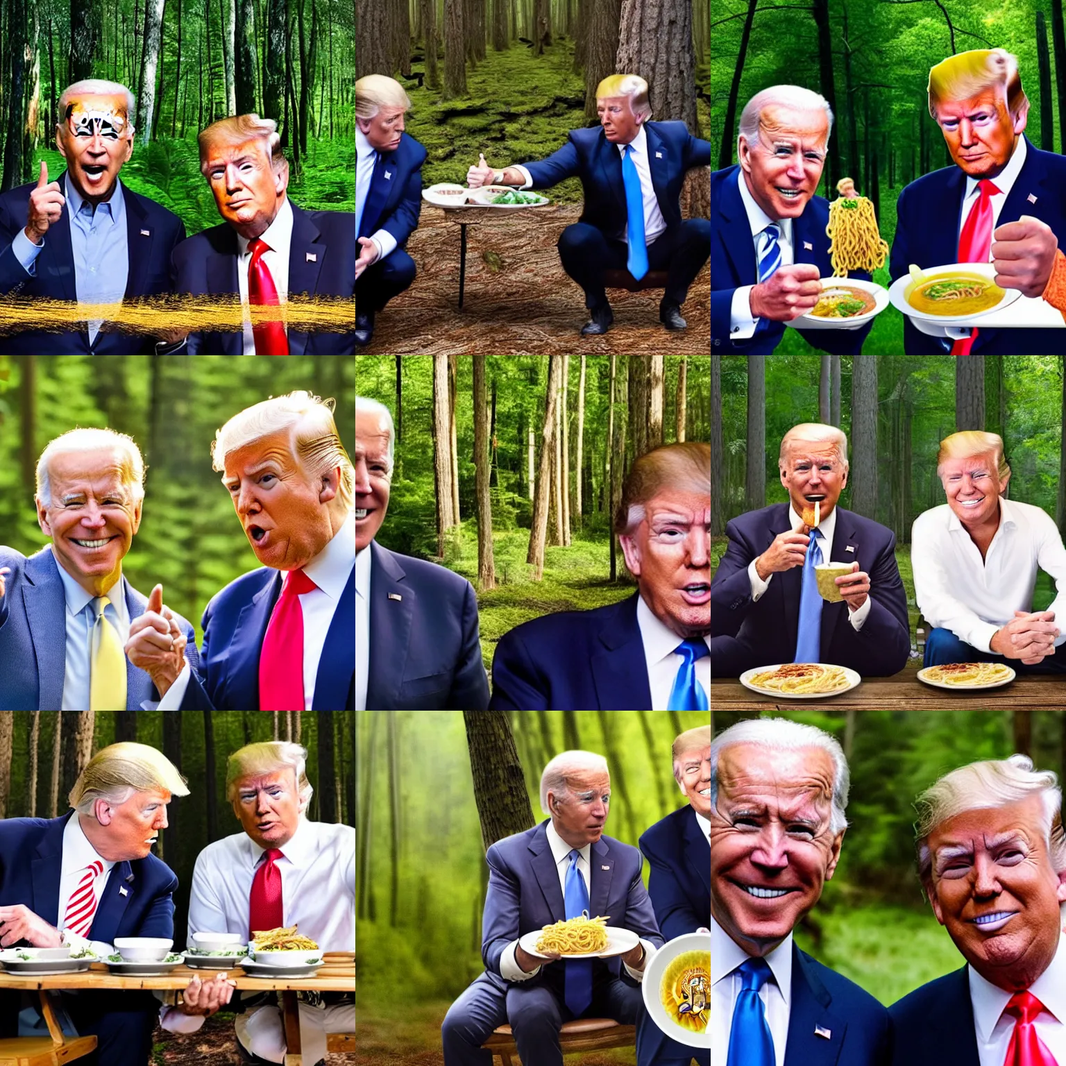 Prompt: Joe Biden and Donald Trump taking a group photo in a forest while eating ramen, hyper realistic, 4k