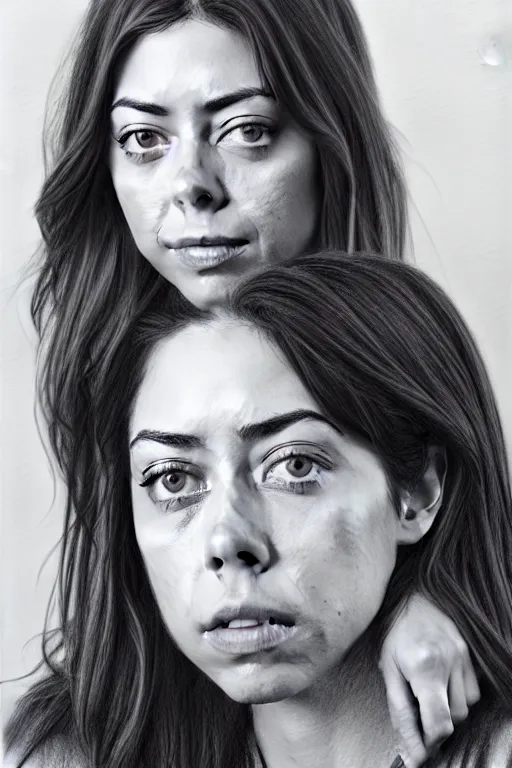 Prompt: hyperrealistic pencil drawing portrait of an actress that looks like aubrey plaza and rosa salazar