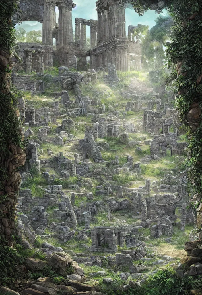 Prompt: comic book cover of ancient ruins made of crystal in a forest ,highly detailed, professional digital painting, Unreal Engine 5, illustration, HD quality, 8k resolution, cinema 4d, cinematic, professional photography, art by artgerm