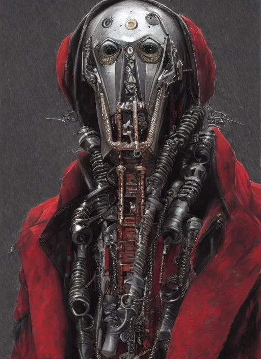 Image similar to portrait of rotten Nicolas Cage as adeptus mechanicus in red hood and robe from Warhammer 40000. Highly detailed, artstation, illustration by and John Blanche and zdislav beksinski and wayne barlowe