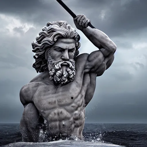 Prompt: ominous powerful marble sculpture of poseidon with his trident emerging from the waves of a stormy ocean, atmospheric, cinematic, hyper - detailed, ultra - realistic, photo - bash, 8 k post - production, masterpiece, physically based rendering, intricate, golden ratio, environmental key art, octane render, weta digital, ray trace