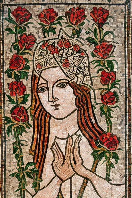 Prompt: a ceramic mosaic of goddess of roses, detailed faces, intricate detail, ancient babylonian art, occult art, alchemical diagram