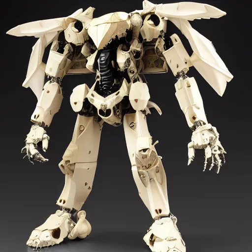 Image similar to realistic combat mech, carved black marble mechanical exoskeleton wearing hardsurface armour, inlaid with obsidian and gold accents, ivory rococo, wings lace wear, sculpted by spider zero, frank gehry, jeff koons, bandai box art