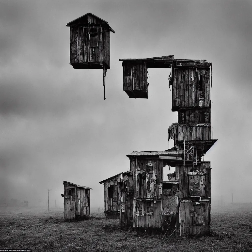 Image similar to high towers, made up of colourful makeshift squatter shacks, bleached, misty, moody sky at the back, dystopia, mamiya, f 1 1, fully frontal view, very detailed, ultra sharp, photographed by trent parke