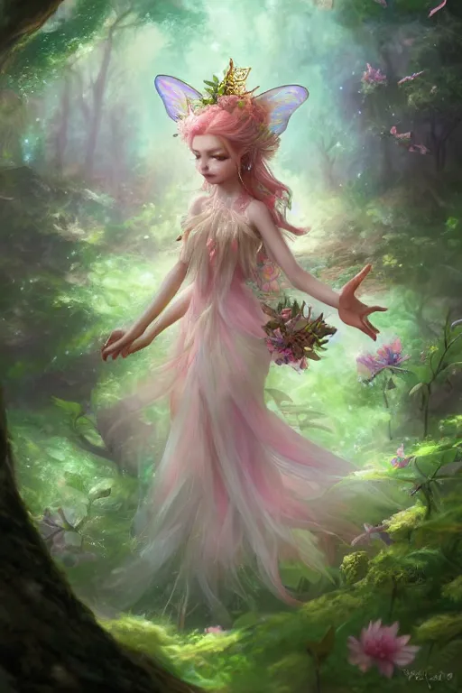 Image similar to a cute and geogerous fairy in the dreamy forest, fantasy, dreamlike, 8 k resolution, hyper detailed, d & d, character design, digital painting, trending on artstation, sharp focus, illustration, art by viktoria gavrilenko, hoang lap, fuji choko, steve zheng,