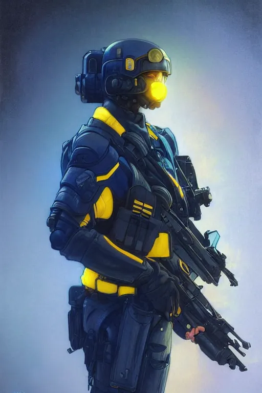 Image similar to a swat unit modern technology, blue and yellow shoulder patch, realistic portrait full body, symmetrical, highly detailed, digital painting, artstation, concept art, smooth, sharp focus, illustration, cinematic lighting, art by artgerm and greg rutkowski and alphonse mucha