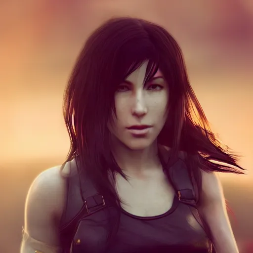 Image similar to Beautiful tifa lockheart in real life, face centered portrait, Confident, fog, rain, volumetric lighting, beautiful, golden hour, sharp focus, ultra detailed, cgsociety by Leesha Hannigan, Ross Tran, Thierry Doizon, Kai Carpenter,Ignacio Fernández Ríos