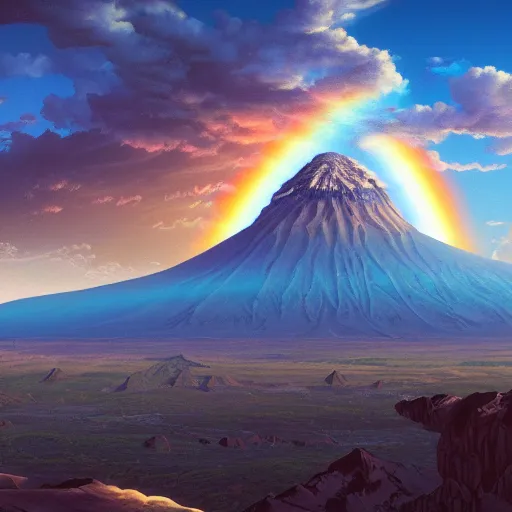 Image similar to a detailed matte painting of noah's ark, double rainbow in a clear blue sky, mount ararat far away in the background, art by dan mumford and yusuke murata and makoto shinkai and ross tran, cosmic, heavenly, god rays, intricate detail, cinematic, 8 k, cel shaded, unreal engine, featured on artstation, pixiv