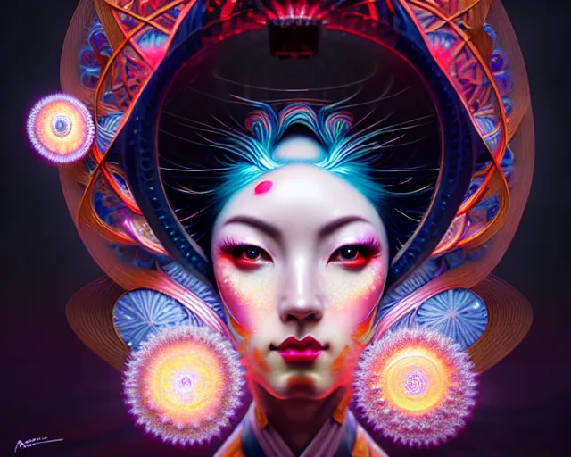 Image similar to a headshot of a geisha offset in the frame, surrounded by fractals, mandalas, cherry blossoms, hadron collider technology, metal gears, swirling bioluminescent energy, art by peter mohrbacher and dan mumford, 8 k octane render, hyperrealistic, zbrush, cinema 4 d