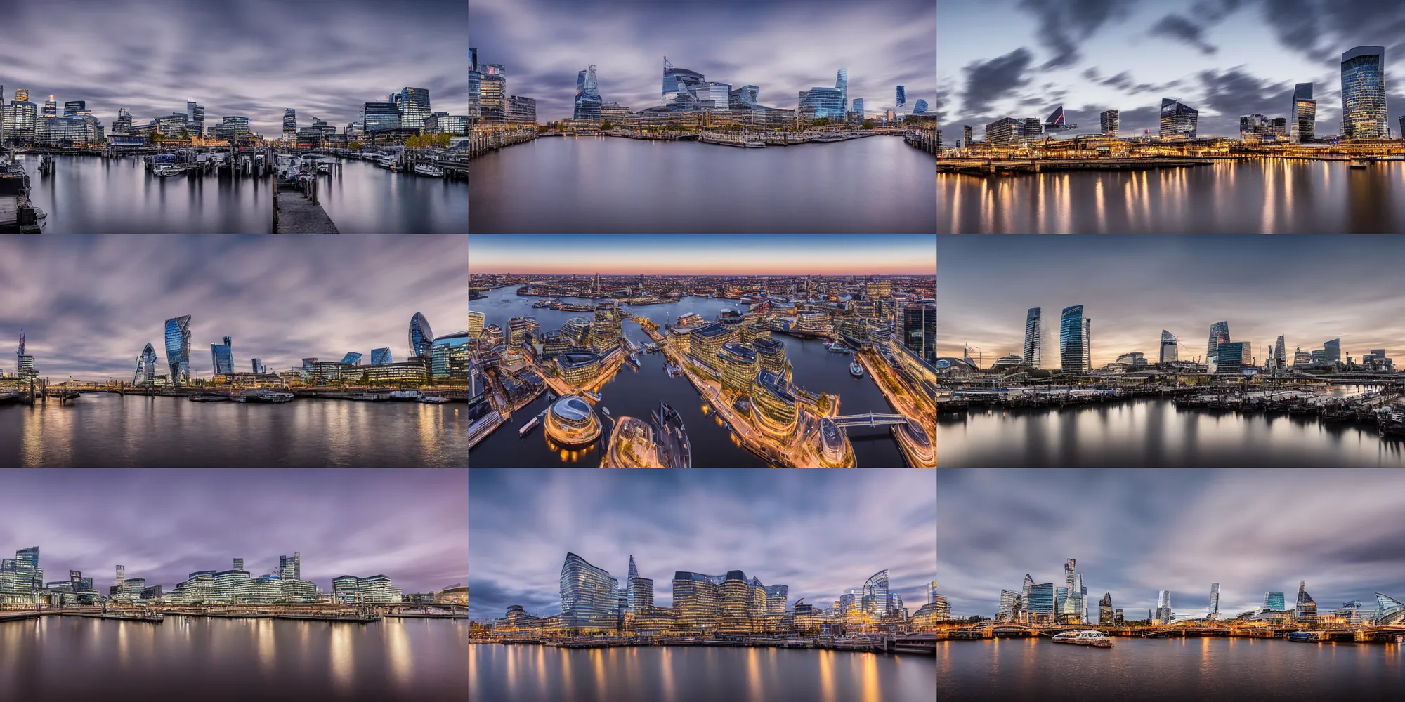 Prompt: high quality photograph of Docklands in London at dusk, cirrus clouds, long exposure, wide angle, ultrawide image