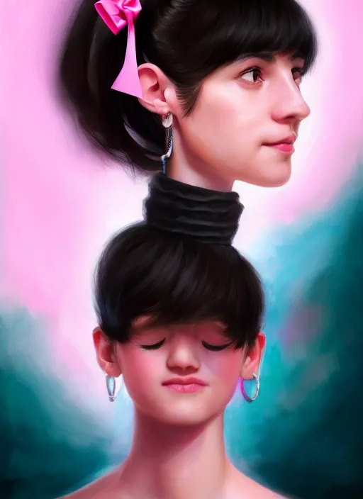 Image similar to portrait of teenage girl, realistic, black hair, bangs, half updo hairstyle, pointy nose, skinny, smile, ugly, defined jawline, big chin, pink hair bow, earrings, intricate, elegant, glowing lights, highly detailed, digital painting, artstation, sharp focus, illustration, art by wlop, mars ravelo and greg rutkowski