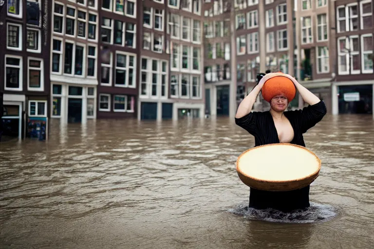 Image similar to closeup potrait of a woman carrying a wheel of cheese over her head in a flood in Amsterdam, photograph, natural light, sharp, detailed face, magazine, press, photo, Steve McCurry, David Lazar, Canon, Nikon, focus