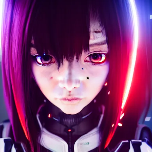 Image similar to A hyperrealistic portrait anime painting of a cyber warrrior girl wearing futuristic wardrobe, black and reddis, ultradetailed face expression trending on artstation and artbreeder, cyberpunk 2077 color heavy rainning at tokyo night, neon light rooftop, unreal 5, DAZ, 8k, unreal 5 engine render, cosplay, RPG portrait, final fantasy Vll world concept, dramatic lighting, rim lights, PS5 render quality