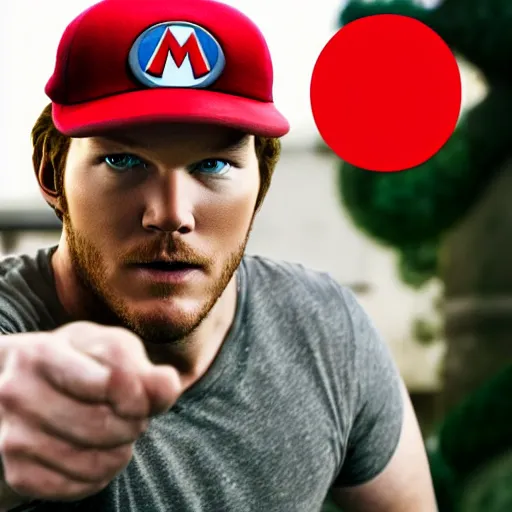 Image similar to Chris pratt as live action mario, mario hat, 4k headshot photography