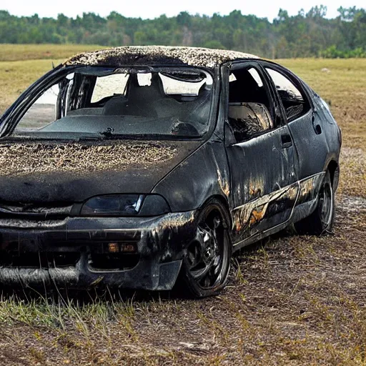 Prompt: a burnt eg9 Honda civic abandoned in a field