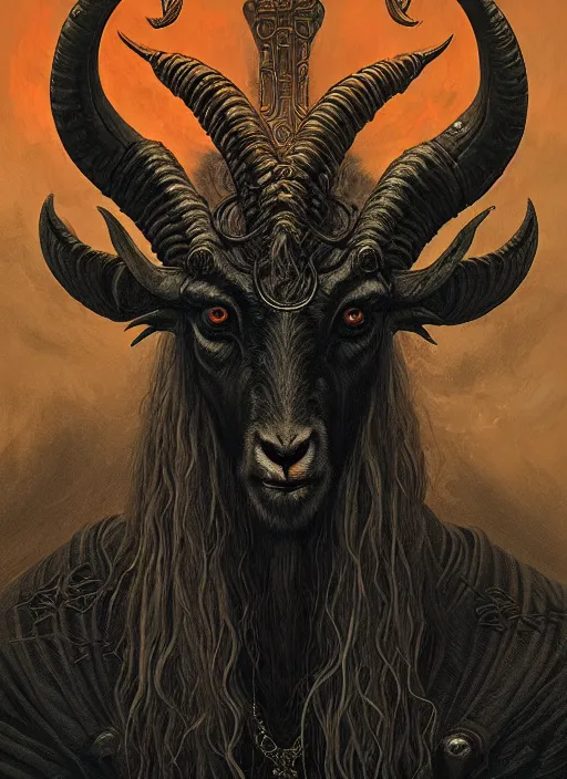 Prompt: elden ring themed orthodox baphomet goat icon tarot card portrait, piercing gaze, byzantine aesthetic, doom, religious, sinister, ornate, intricate, beautifully backlit, subtle tones, digital painting, concept art, smooth, sharp focus, illustration, art by josan gonzalez, greg rutkowski, killian eng and zdizslaw beksinski