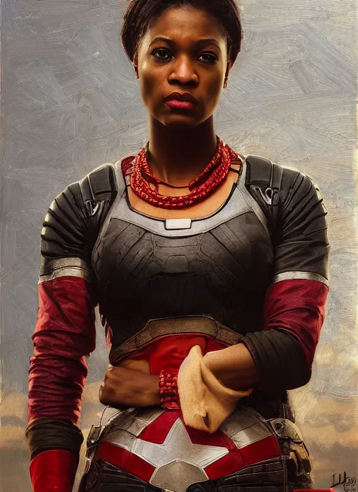 Prompt: maria igwe. beautiful female Captain America. gorgeous face. Iranian orientalist portrait by john william waterhouse and Edwin Longsden Long and Theodore Ralli and Nasreddine Dinet, oil on canvas. Cinematic, hyper realism, realistic proportions, dramatic lighting, high detail 4k