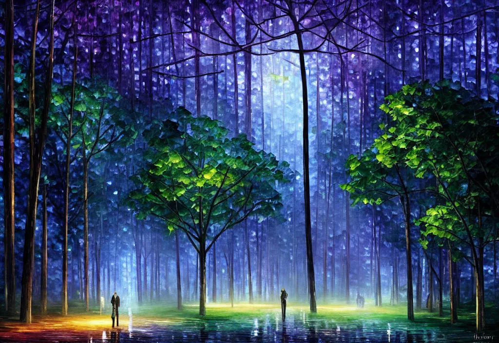 Image similar to lothlorien at night, very dark sky with green lights, blue lights and purple lights, elven forest town with houses up in the trees, oil painting, dramatic lighting, jakub kasper, makoto shinkai, leonid afremov, hyperrealistic, cinematic, elegant, intricate