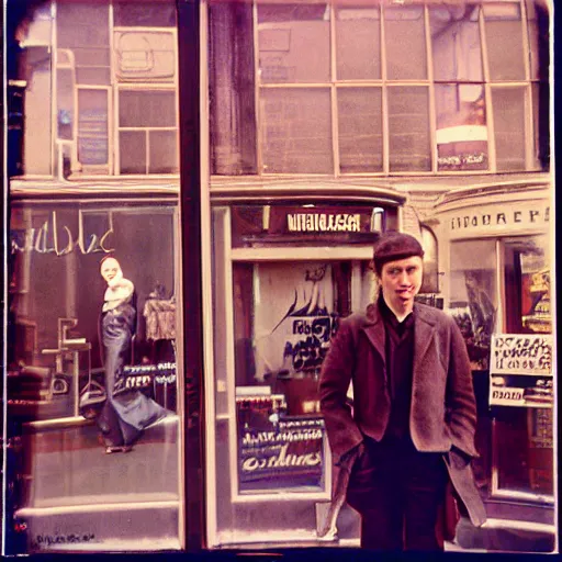 Prompt: analog medium format street photography portrait in front of store window in new york, 1 9 6 0 s, wide - angle, photographed on colour expired film, detailed photograph