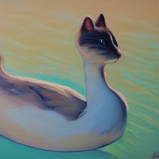 Image similar to cat riding a duck, detailed oil painting