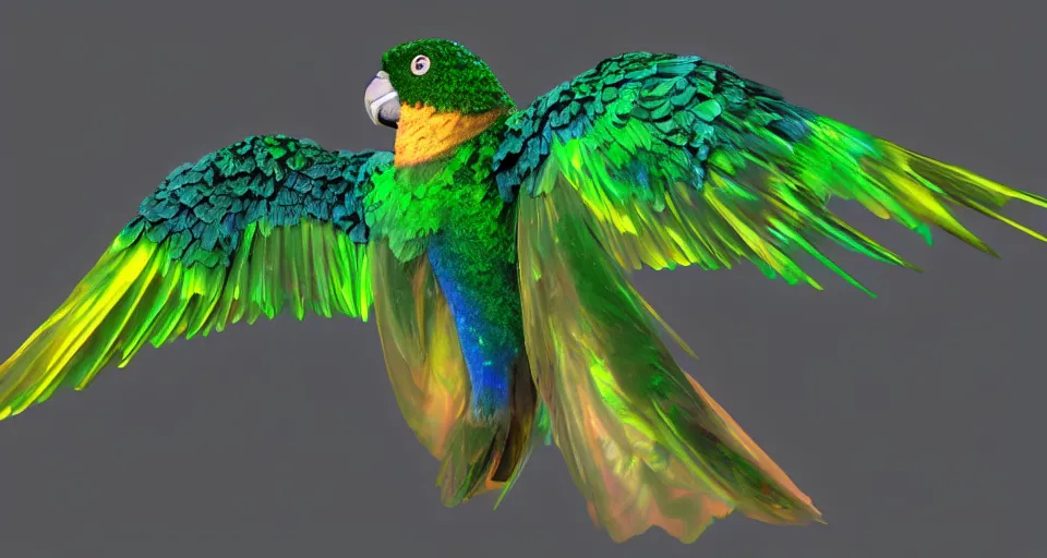 Prompt: celestial opalescent translucent green cheek conure angel made of mother of pearl gleams like the setting sun, oil slick, extremely high quality rendered in blender