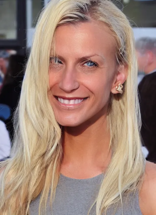 Image similar to photograph of an olive skinned blonde female in her late twenties, her hair pinned up, wearing a designer top, looking content
