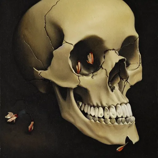 Prompt: a painting of a skull with diamonds in its eyes surrounded by white lilies all in front of a dark shadowy background in the style of a still life painting by francisco de zurbaran