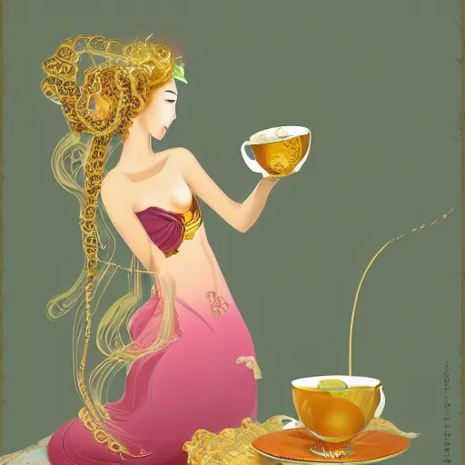 Prompt: style of Guo Hua,The light pink Queen of the Sea waves and her devoted servant gold octopus drink tea ,digital art,atmospheric